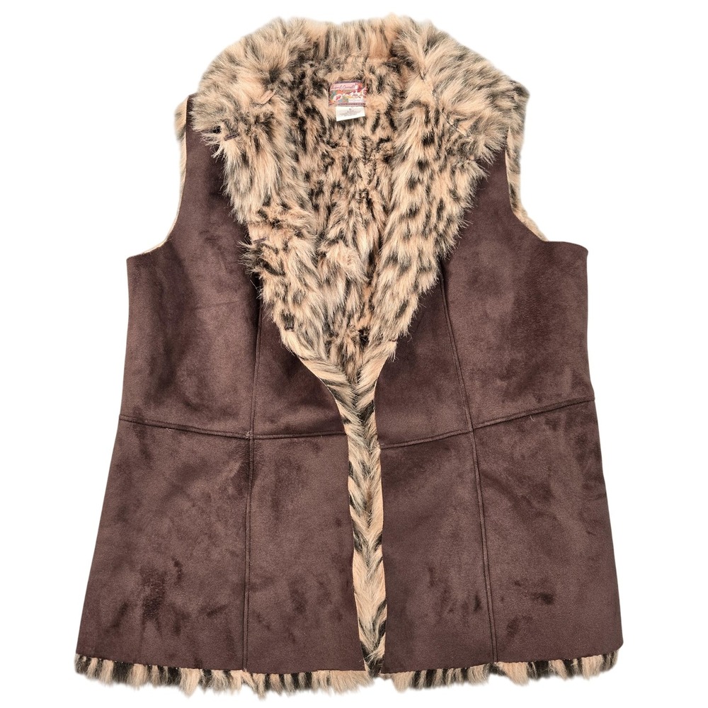 April Cornell Vest Womens‎ Small Brown Faux Suede Leopard Print Faux Fur Lined